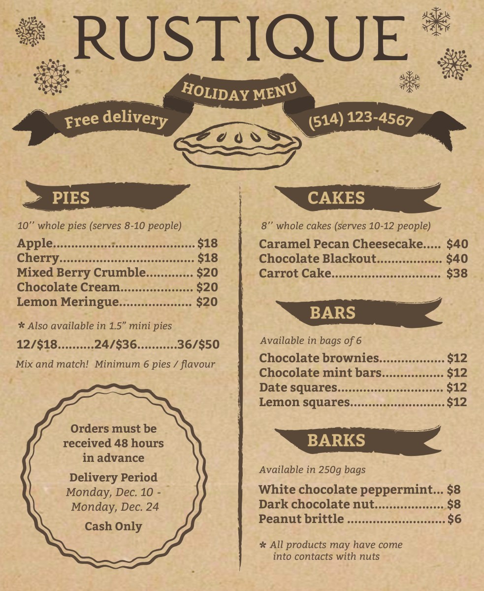 Rustique Holiday Menu