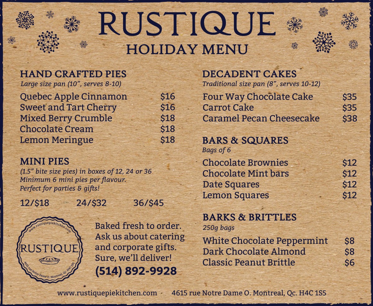 Rustique Holiday Menu